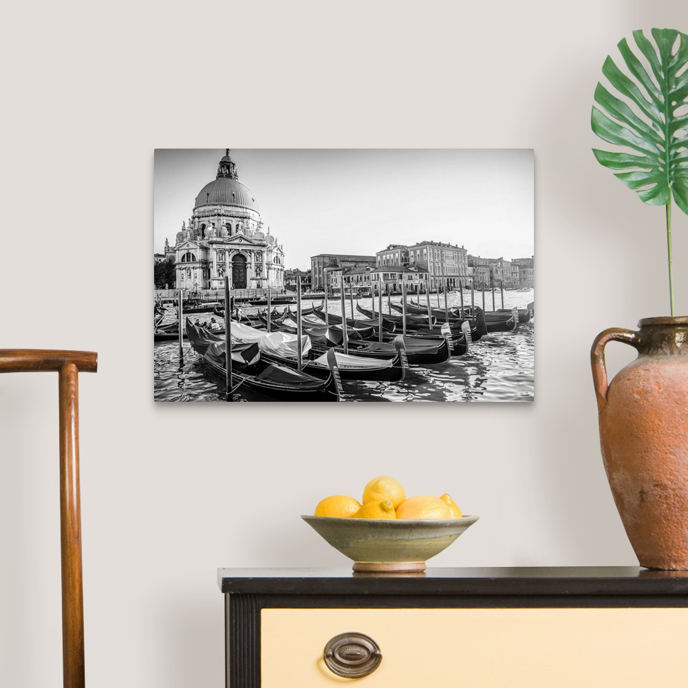 A traditional room featuring Photograph of gondolas lined up in a row in front of Santa Maria della Salute, Venice, Italy, Eur...
