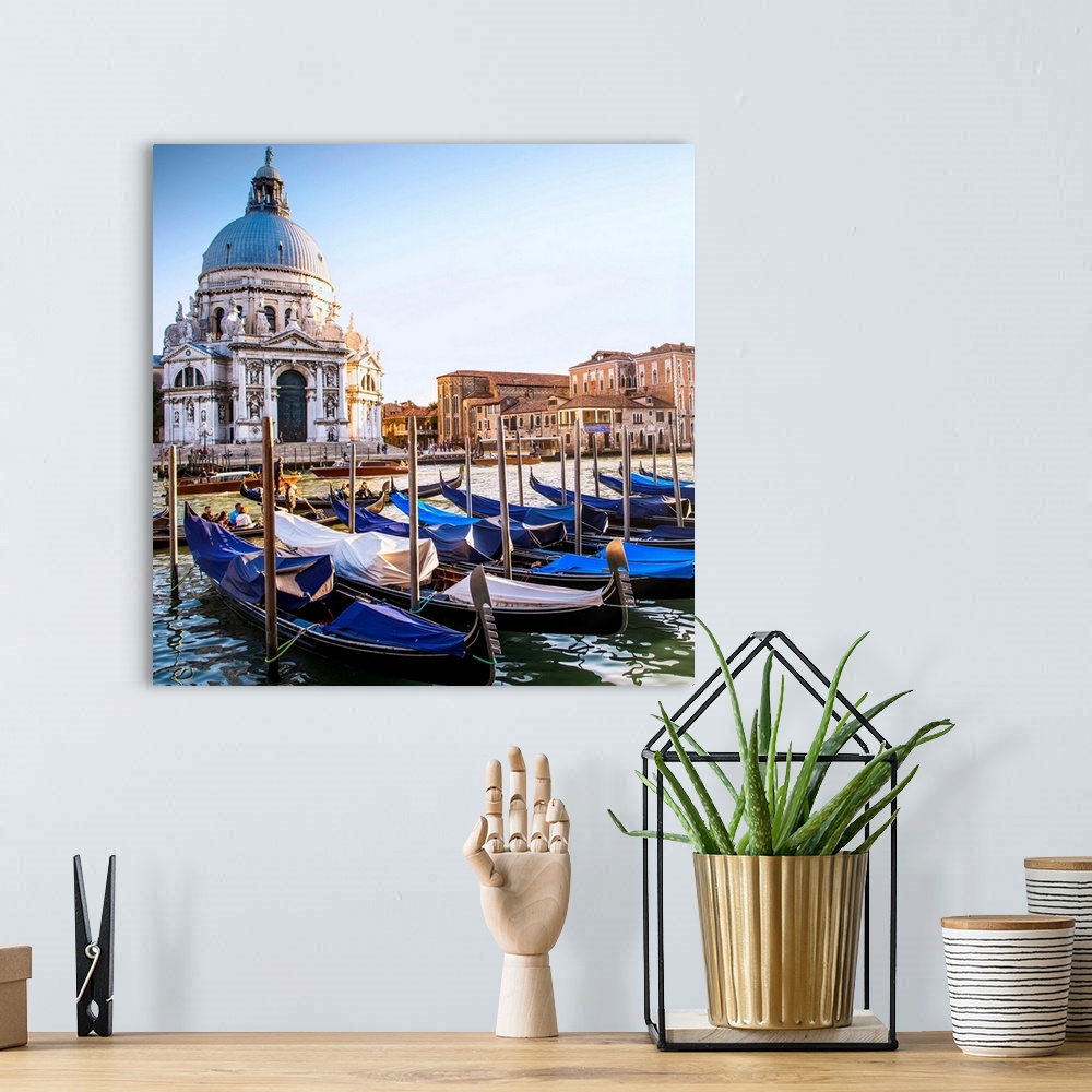 A bohemian room featuring Square photograph of gondolas lined up in a row in front of Santa Maria della Salute, Venice, Ita...