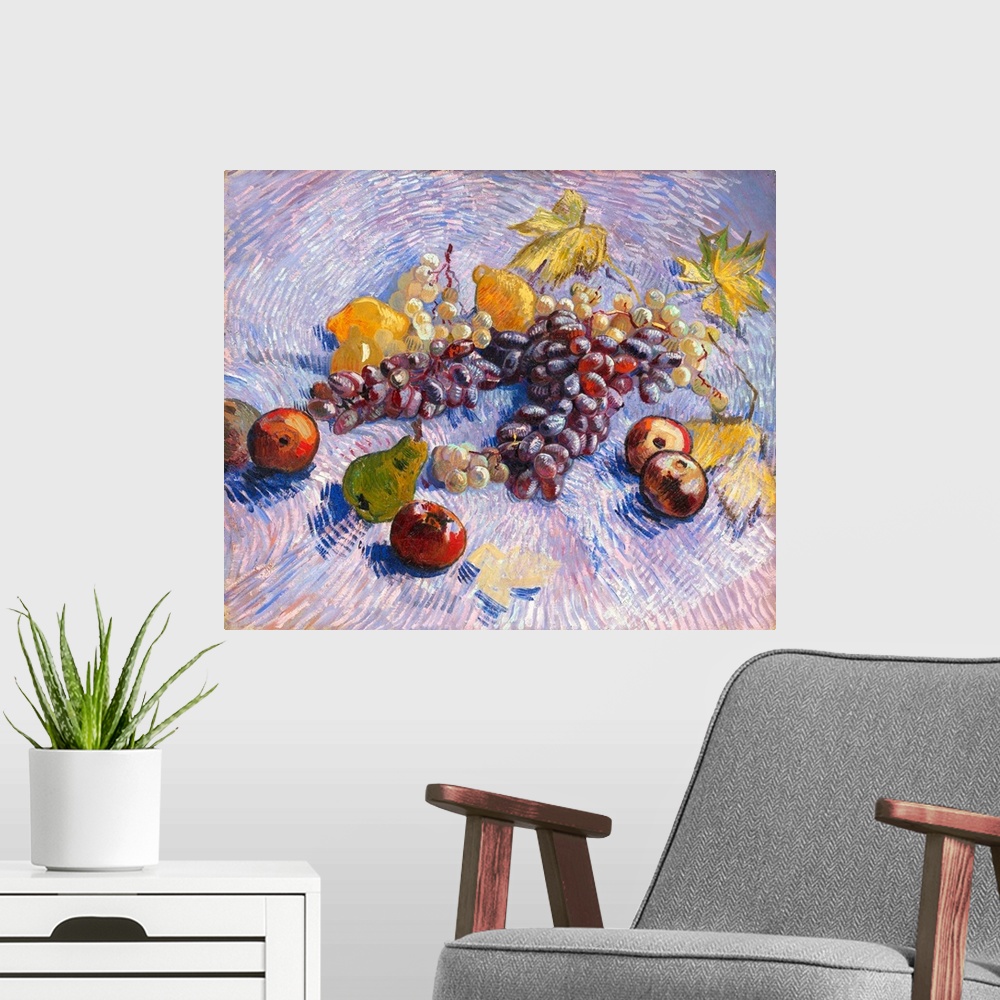 A modern room featuring This is one of a group of related canvases featuring seasonal fruit that Vincent van Gogh painted...