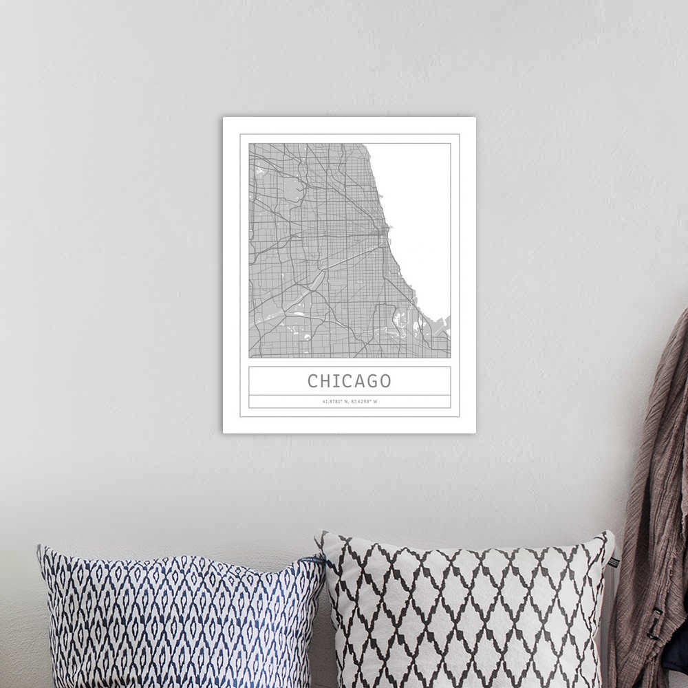 A bohemian room featuring Gray minimal city map of Chicago, Illinois, USA with longitude and latitude coordinates.