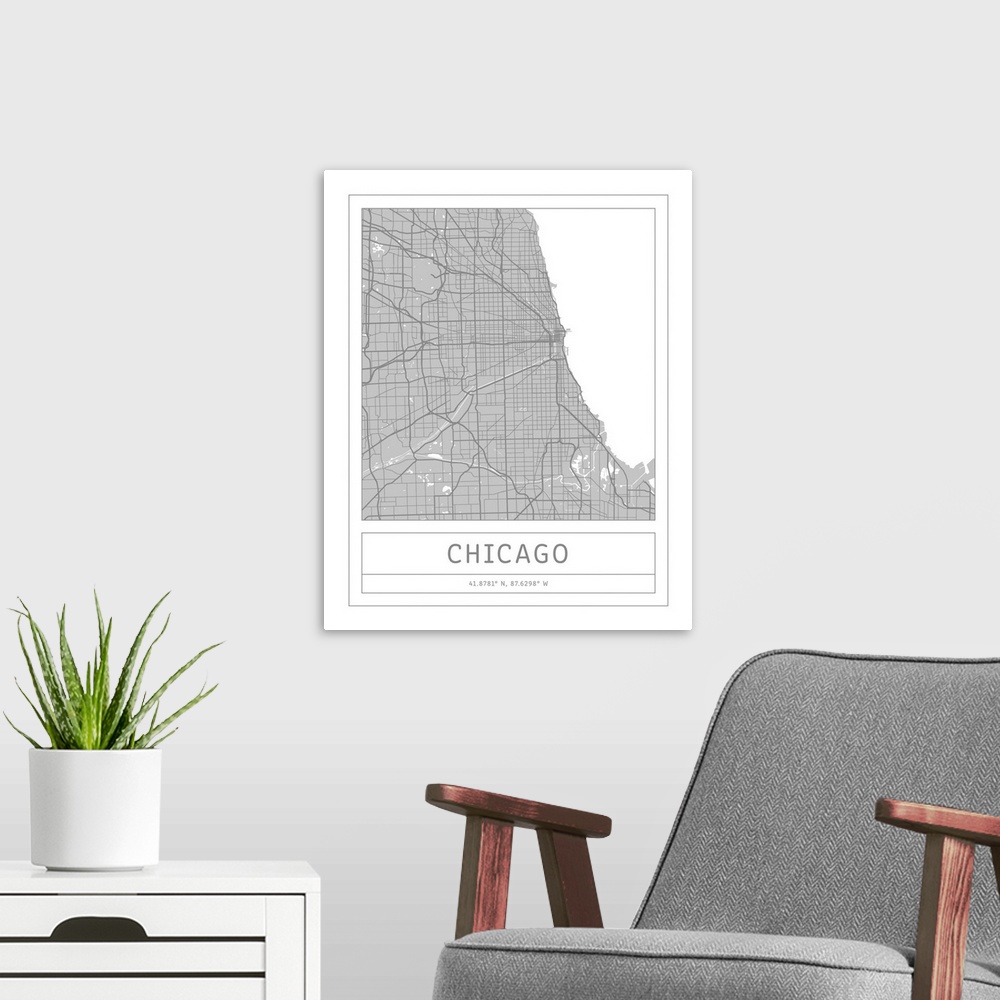 A modern room featuring Gray minimal city map of Chicago, Illinois, USA with longitude and latitude coordinates.