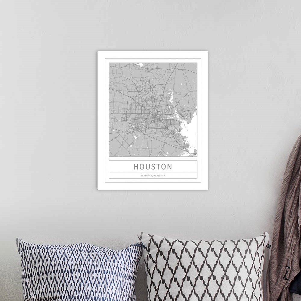 A bohemian room featuring Gray minimal city map of Houston, Texas, USA with longitude and latitude coordinates.