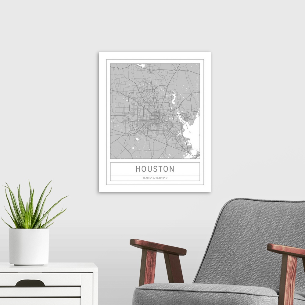 A modern room featuring Gray minimal city map of Houston, Texas, USA with longitude and latitude coordinates.