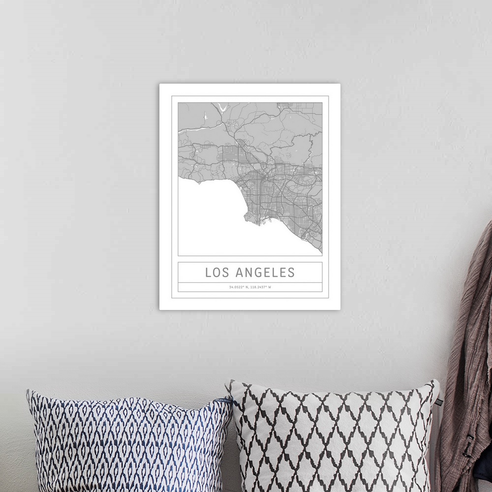 A bohemian room featuring Gray minimal city map of Los Angeles, California, USA with longitude and latitude coordinates.