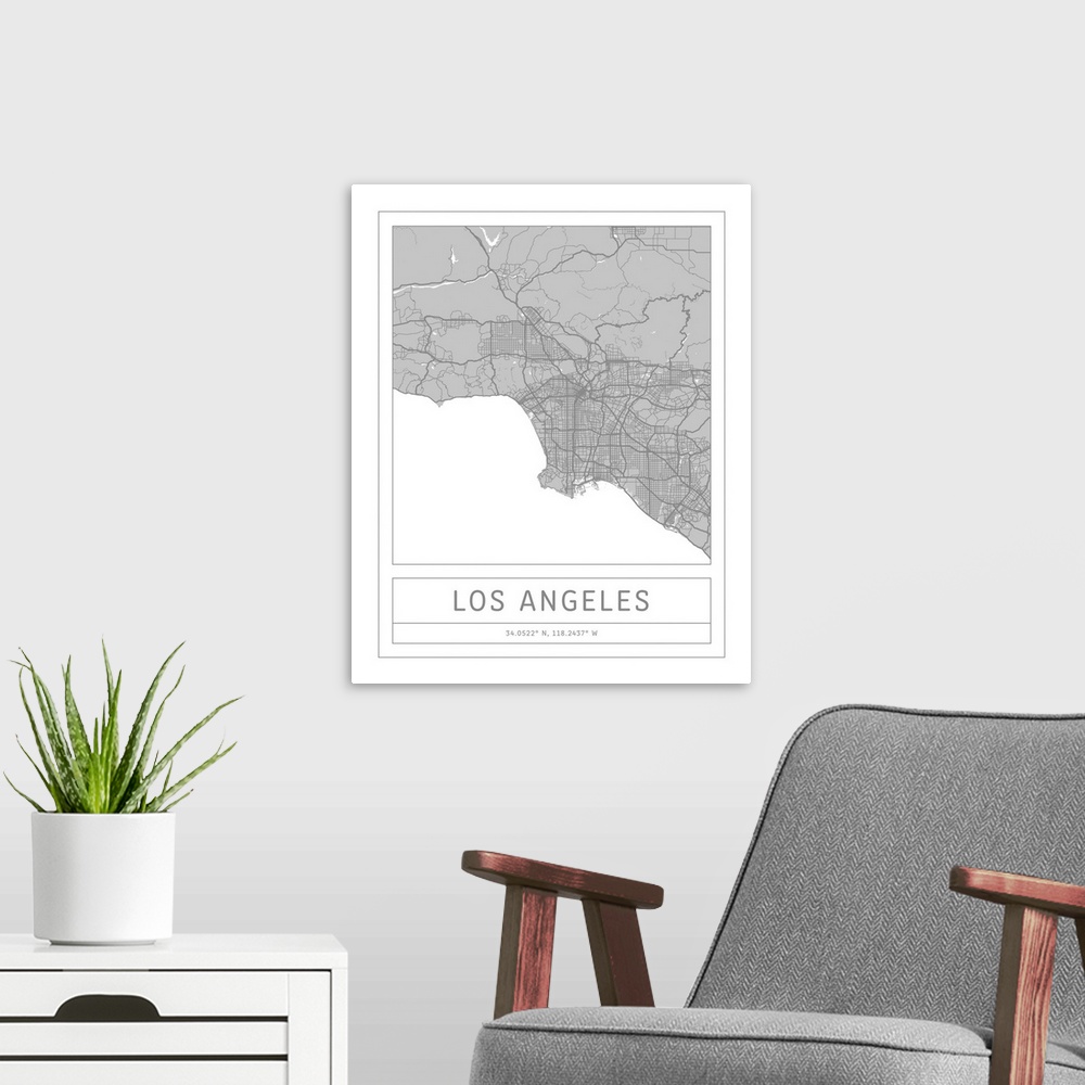 A modern room featuring Gray minimal city map of Los Angeles, California, USA with longitude and latitude coordinates.