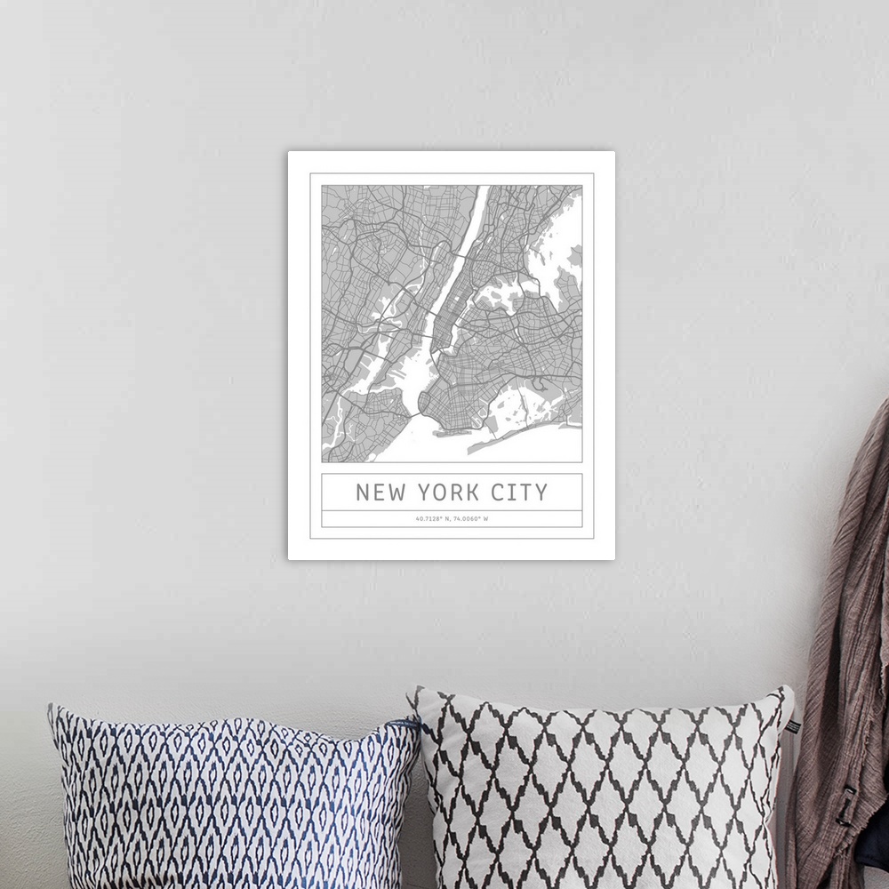 A bohemian room featuring Gray minimal city map of New York City, New York, USA with longitude and latitude coordinates.