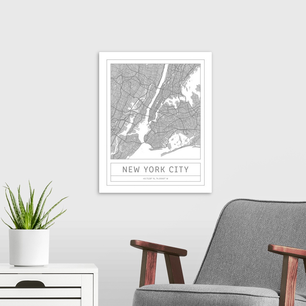 A modern room featuring Gray minimal city map of New York City, New York, USA with longitude and latitude coordinates.