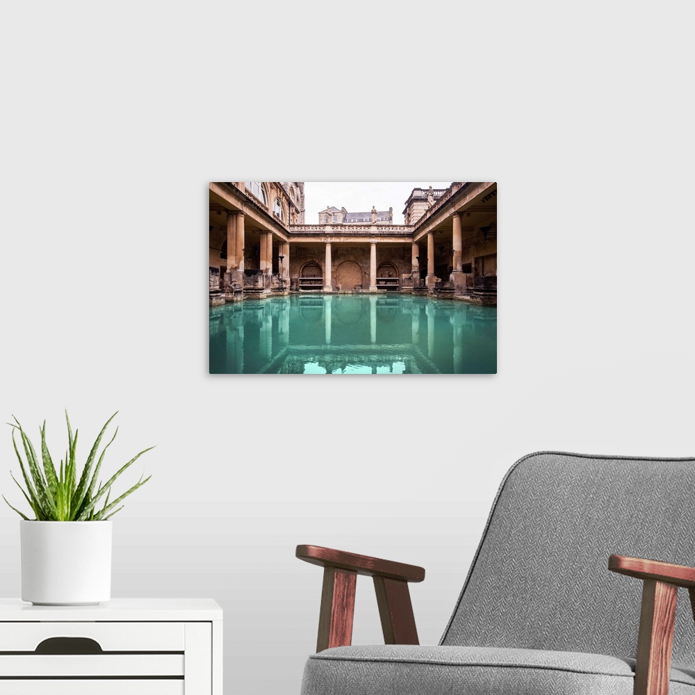 A modern room featuring Photograph of the ancient Roman Bath, called the Great Bath, in Bath, England, UK.
