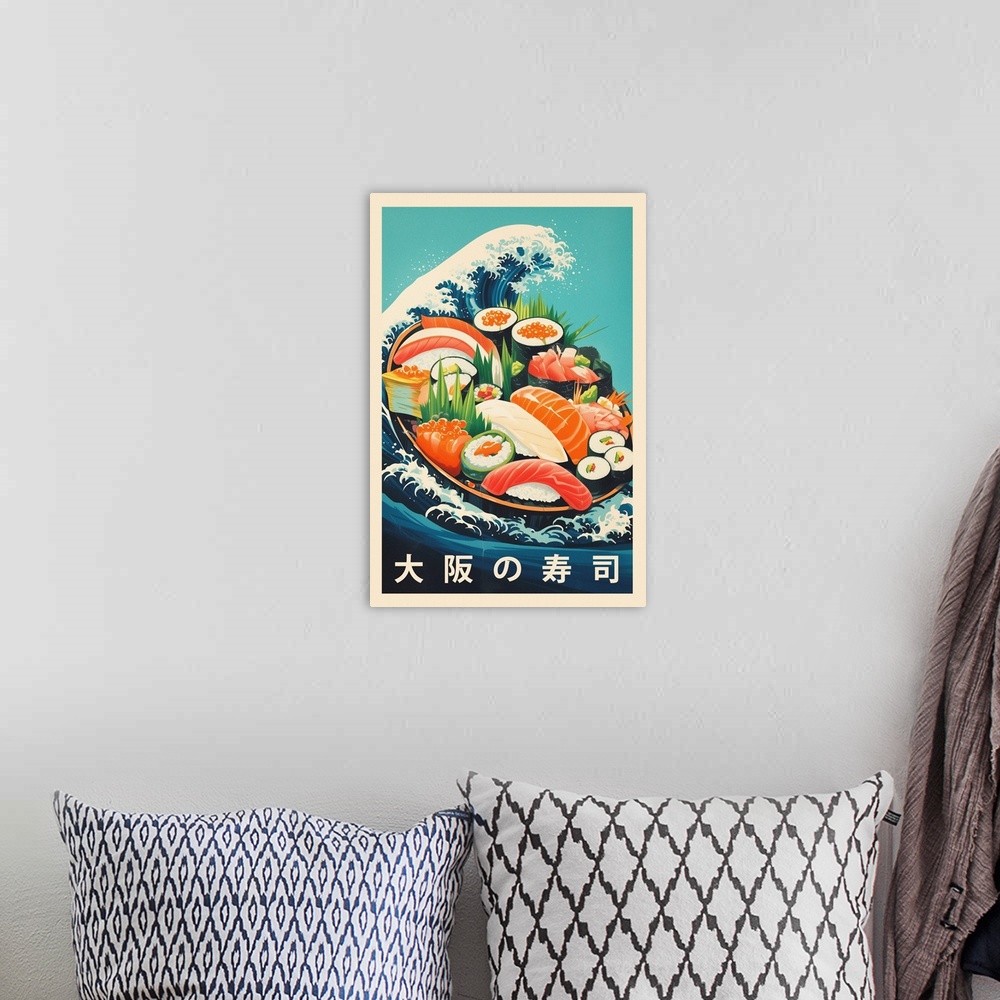 A bohemian room featuring Great Sushi Wave - Retro Food Advertising Poster