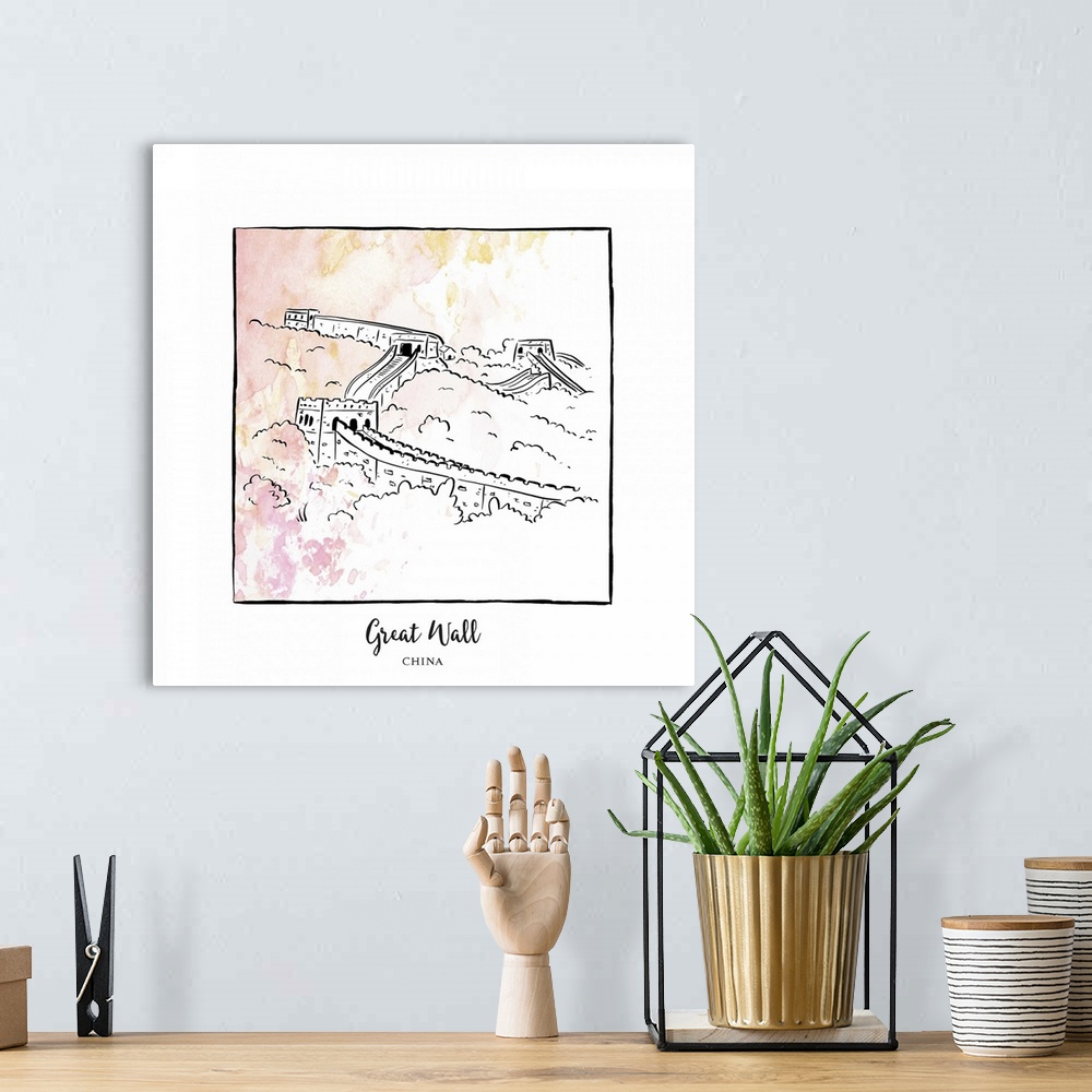 A bohemian room featuring An ink illustration of the Great Wall of China, with a pink and yellow watercolor wash.