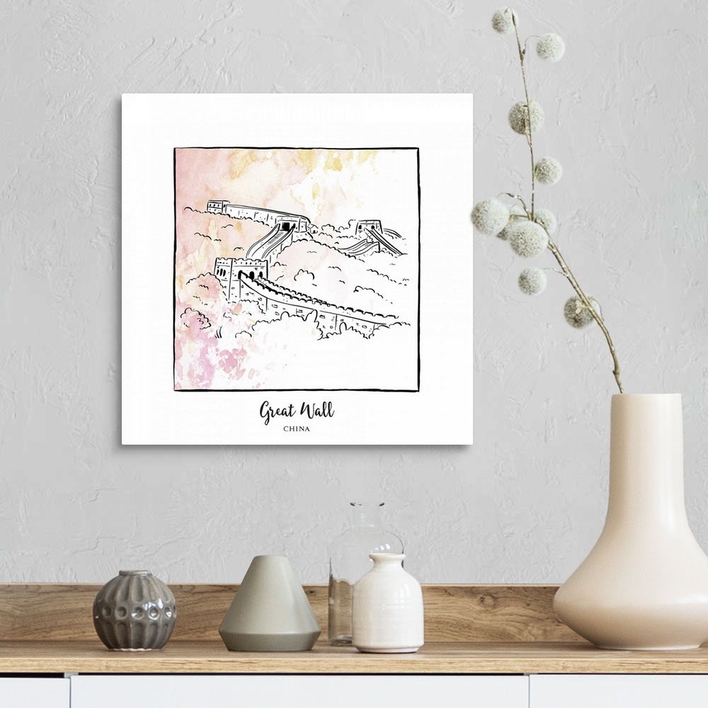 A farmhouse room featuring An ink illustration of the Great Wall of China, with a pink and yellow watercolor wash.