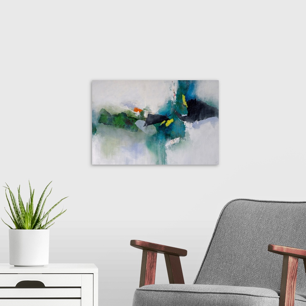 A modern room featuring Abstract art of a cluster of dark shapes grouped horizontally with softened edges as their color ...