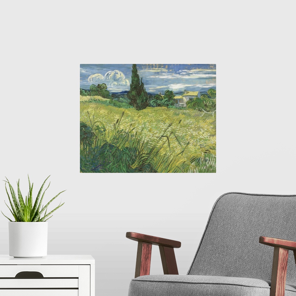 A modern room featuring Vincent van Gogh - Green Field.