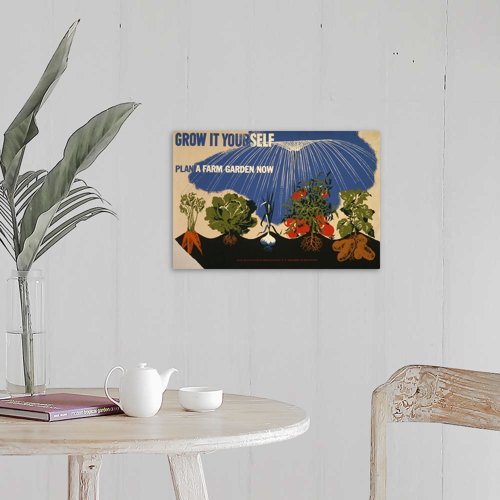 A farmhouse room featuring Grow it yourself. Plan a farm garden now. Poster for the U.S. Department of Agriculture promoting...