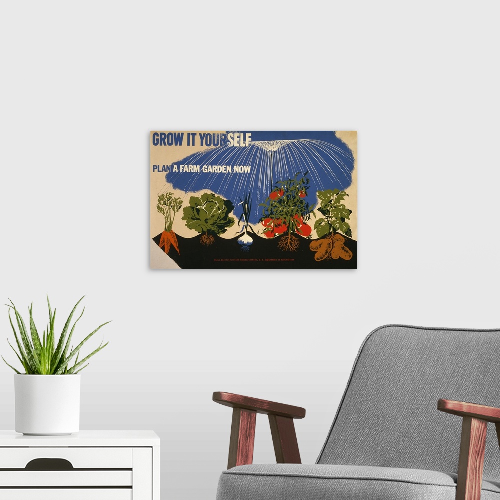 A modern room featuring Grow it yourself. Plan a farm garden now. Poster for the U.S. Department of Agriculture promoting...