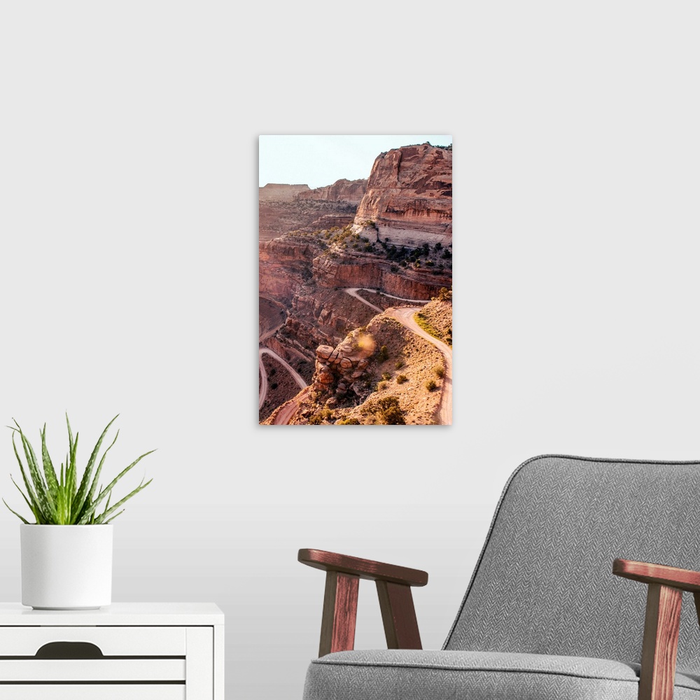 A modern room featuring Hairpin turns on Shafer Trail, a dangerous sheer road on the cliffs in Canyonlands National Park,...