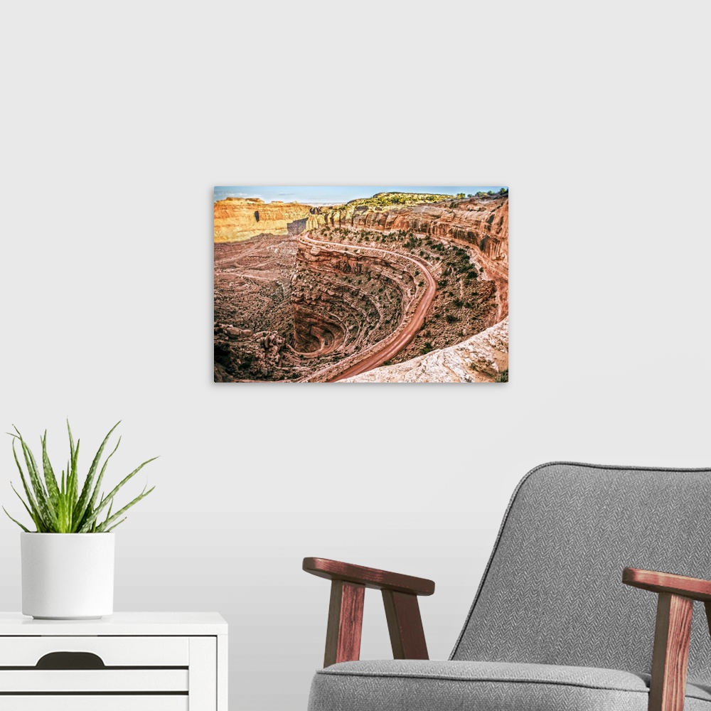 A modern room featuring Hairpin turns on Shafer Trail, a dangerous sheer road on the cliffs in Canyonlands National Park,...