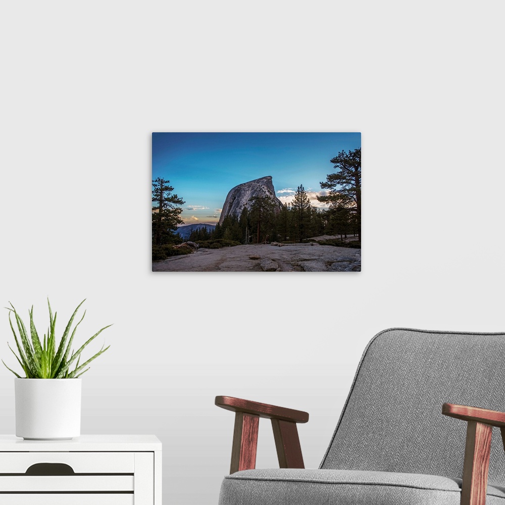 A modern room featuring View of Half Dome after sunset in Yosemite National Park, California.