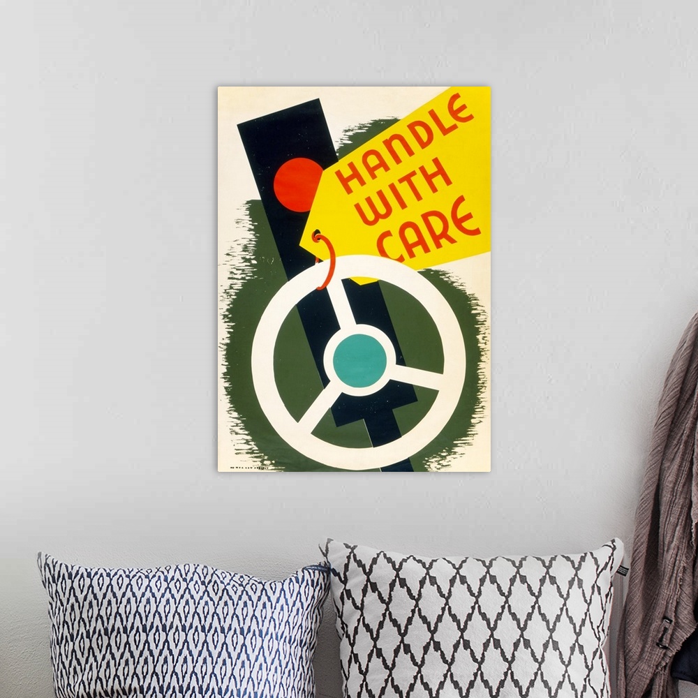 A bohemian room featuring Handle with care. Poster promoting safe driving showing a traffic signal and a steering wheel. Li...