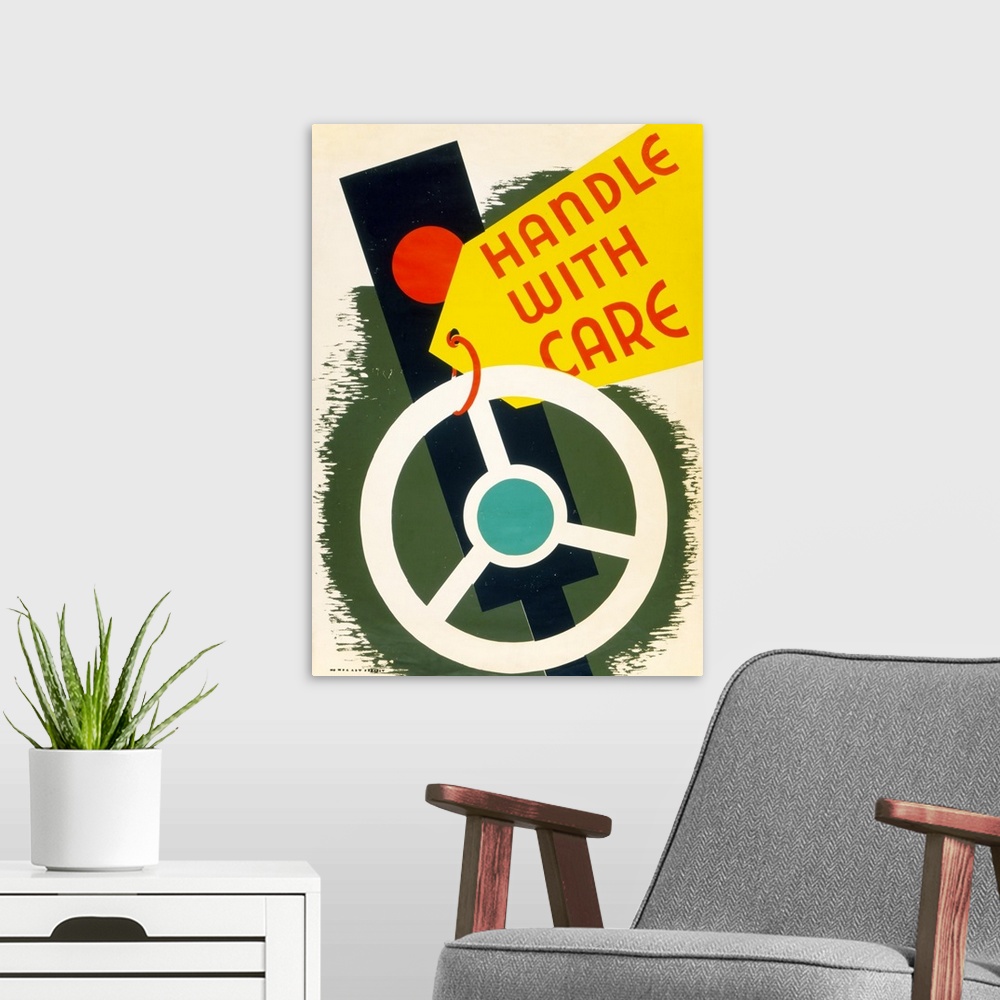 A modern room featuring Handle with care. Poster promoting safe driving showing a traffic signal and a steering wheel. Li...