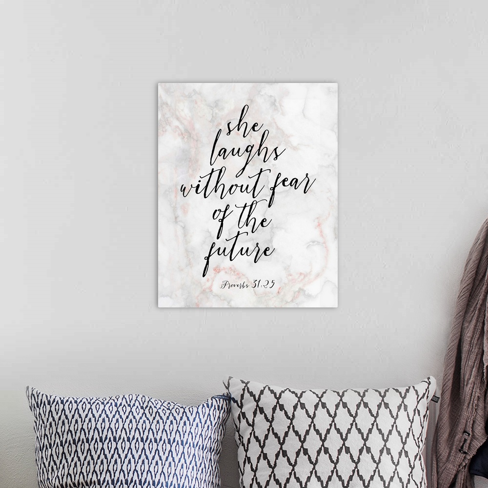 A bohemian room featuring Handlettered Bible Verse - Proverbs 31:25