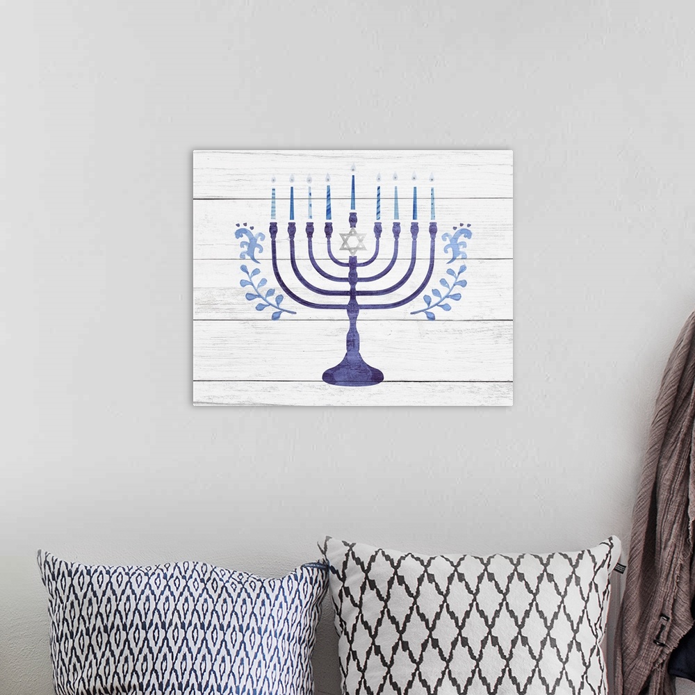 A bohemian room featuring Hanukkah decorative art featuring a blue menorah on a distressed barnwood background.