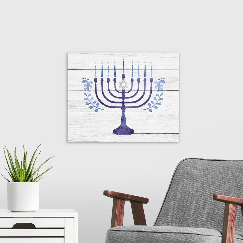 A modern room featuring Hanukkah decorative art featuring a blue menorah on a distressed barnwood background.