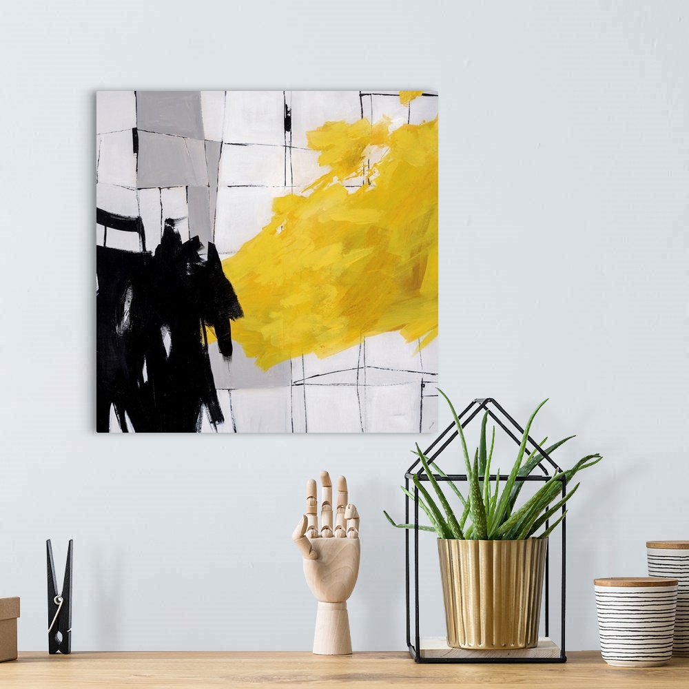 A bohemian room featuring Abstract painting using bright yellow paint strokes and black paint strokes against a cracked til...