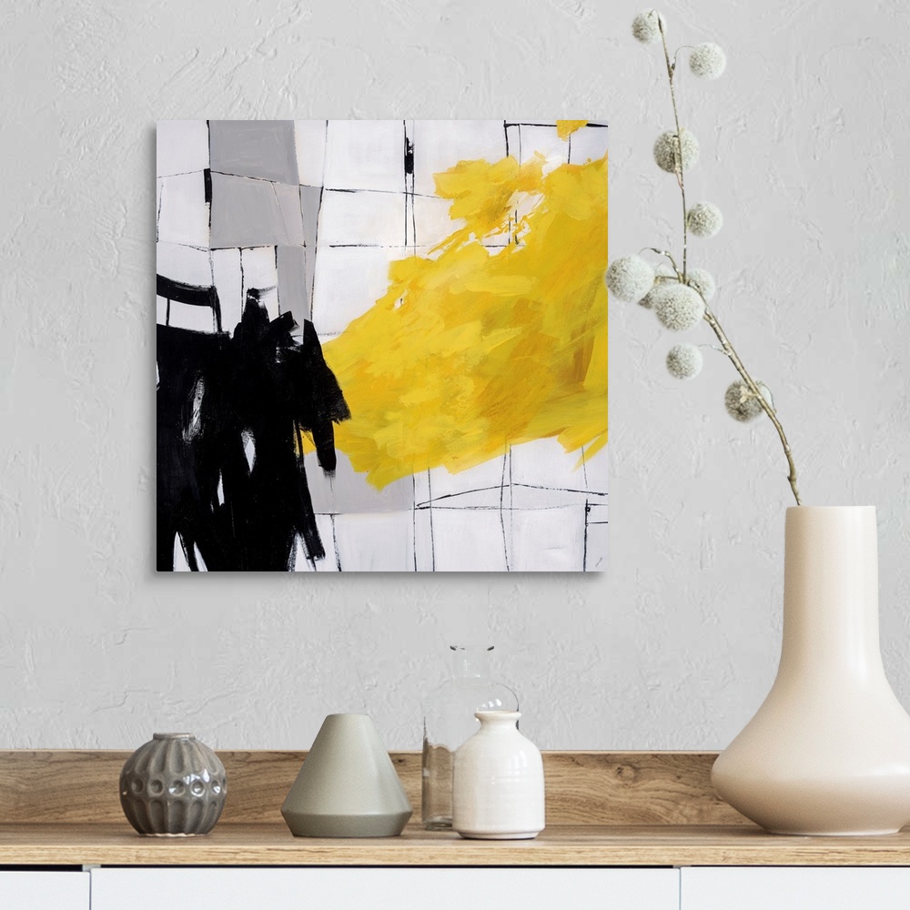 A farmhouse room featuring Abstract painting using bright yellow paint strokes and black paint strokes against a cracked til...