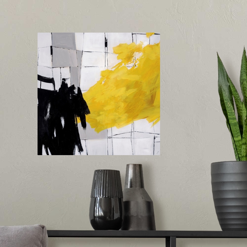 A modern room featuring Abstract painting using bright yellow paint strokes and black paint strokes against a cracked til...