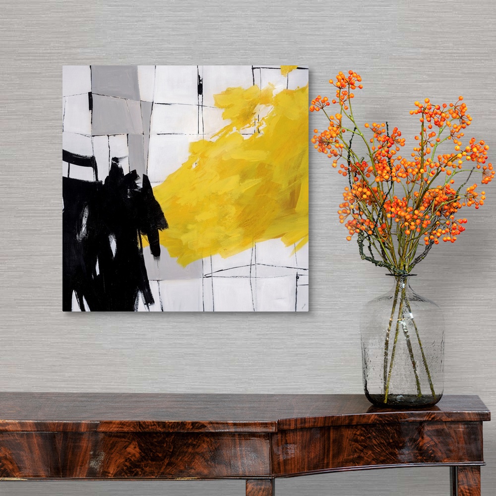 A traditional room featuring Abstract painting using bright yellow paint strokes and black paint strokes against a cracked til...