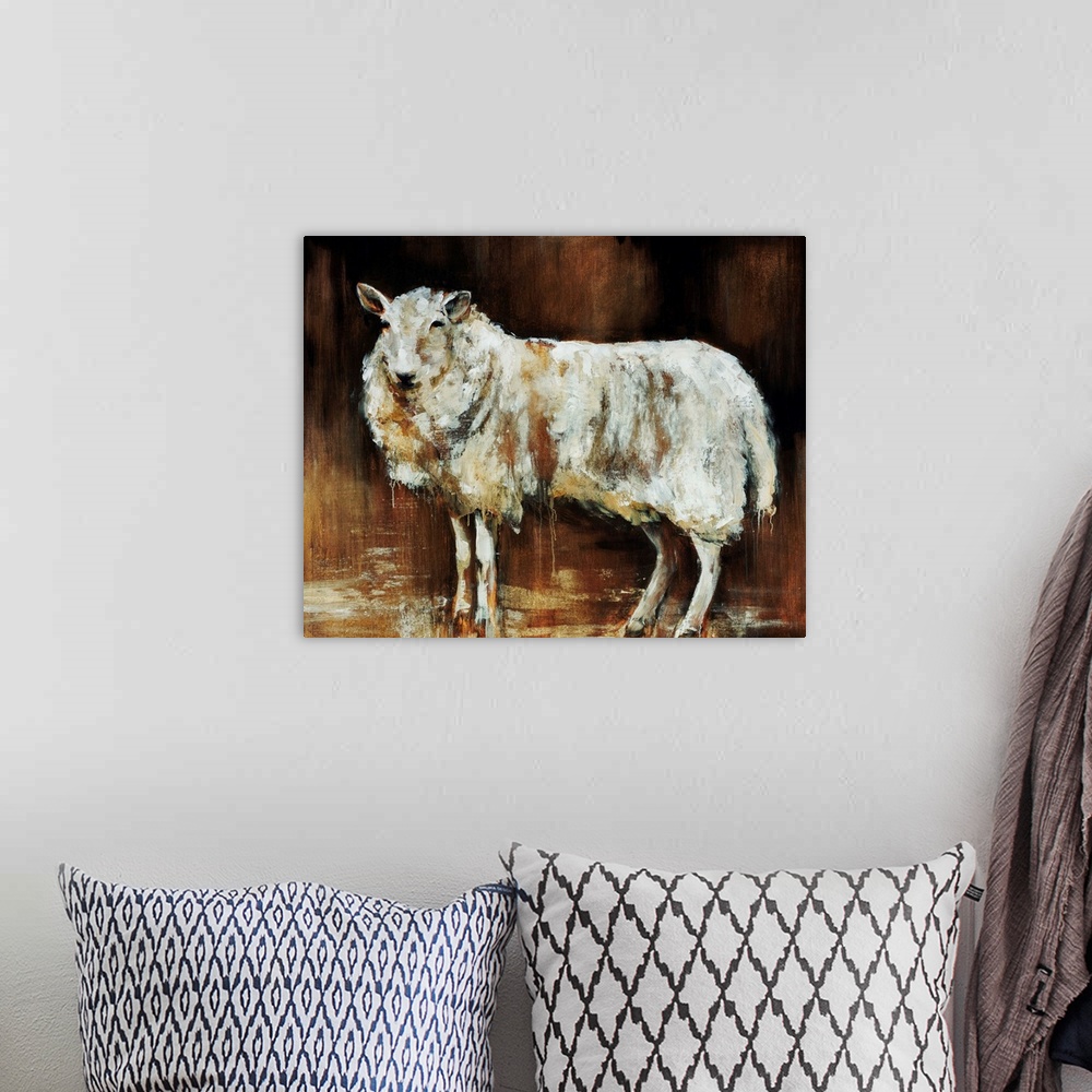 A bohemian room featuring Contemporary artwork of a sheep that uses different neutral shades to give it dimension.
