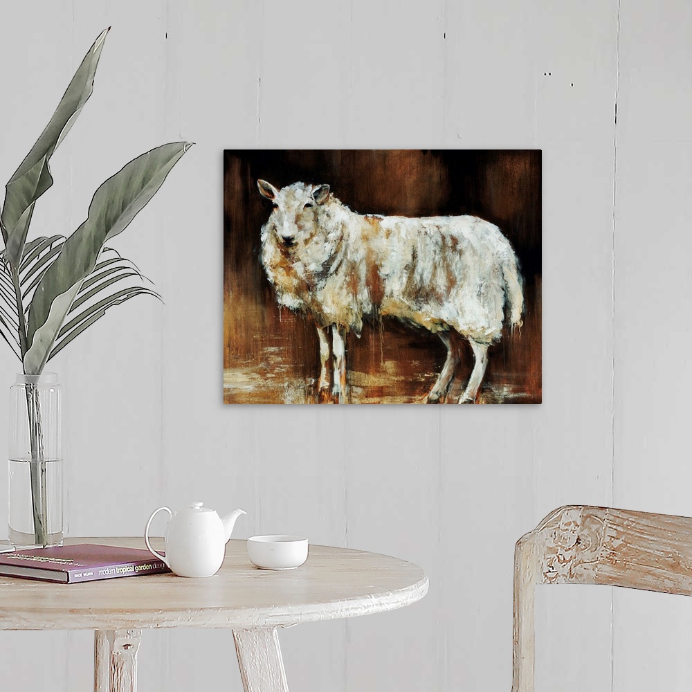 A farmhouse room featuring Contemporary artwork of a sheep that uses different neutral shades to give it dimension.
