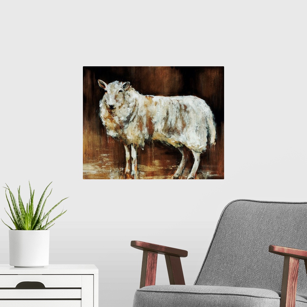 A modern room featuring Contemporary artwork of a sheep that uses different neutral shades to give it dimension.