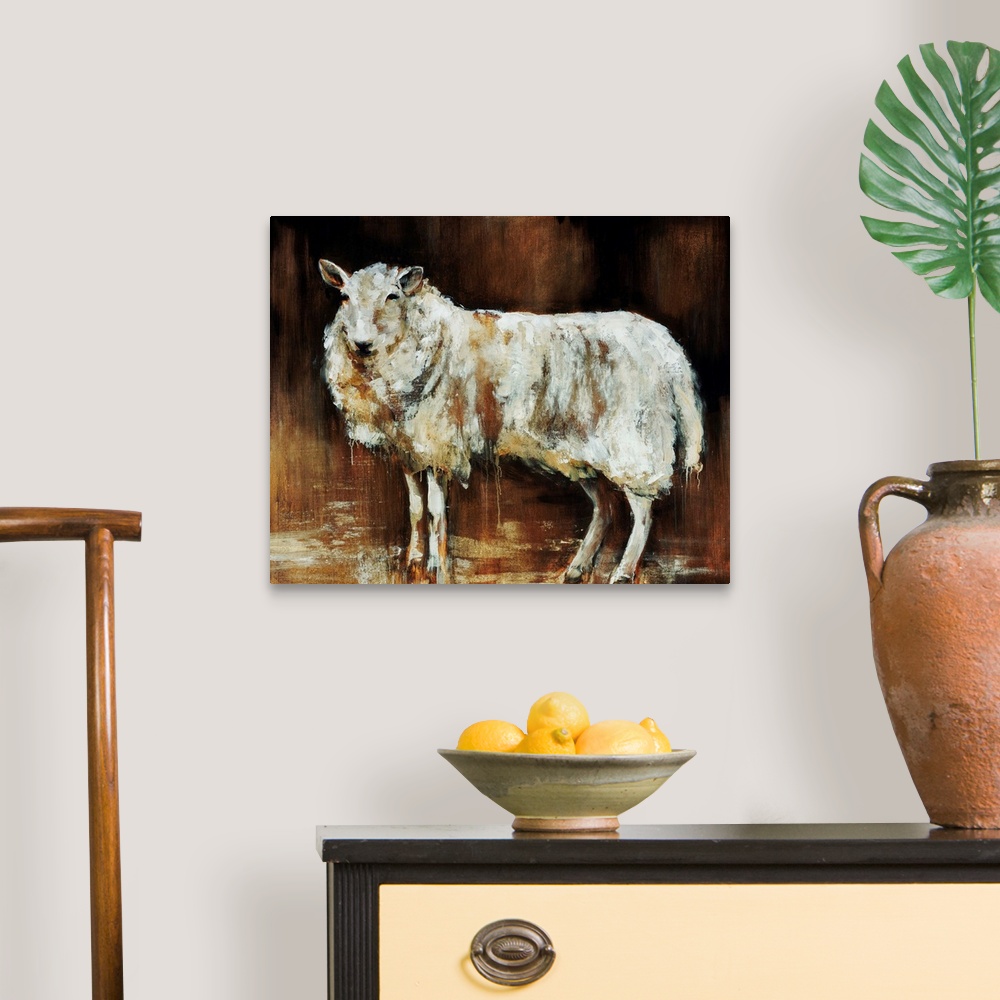 A traditional room featuring Contemporary artwork of a sheep that uses different neutral shades to give it dimension.