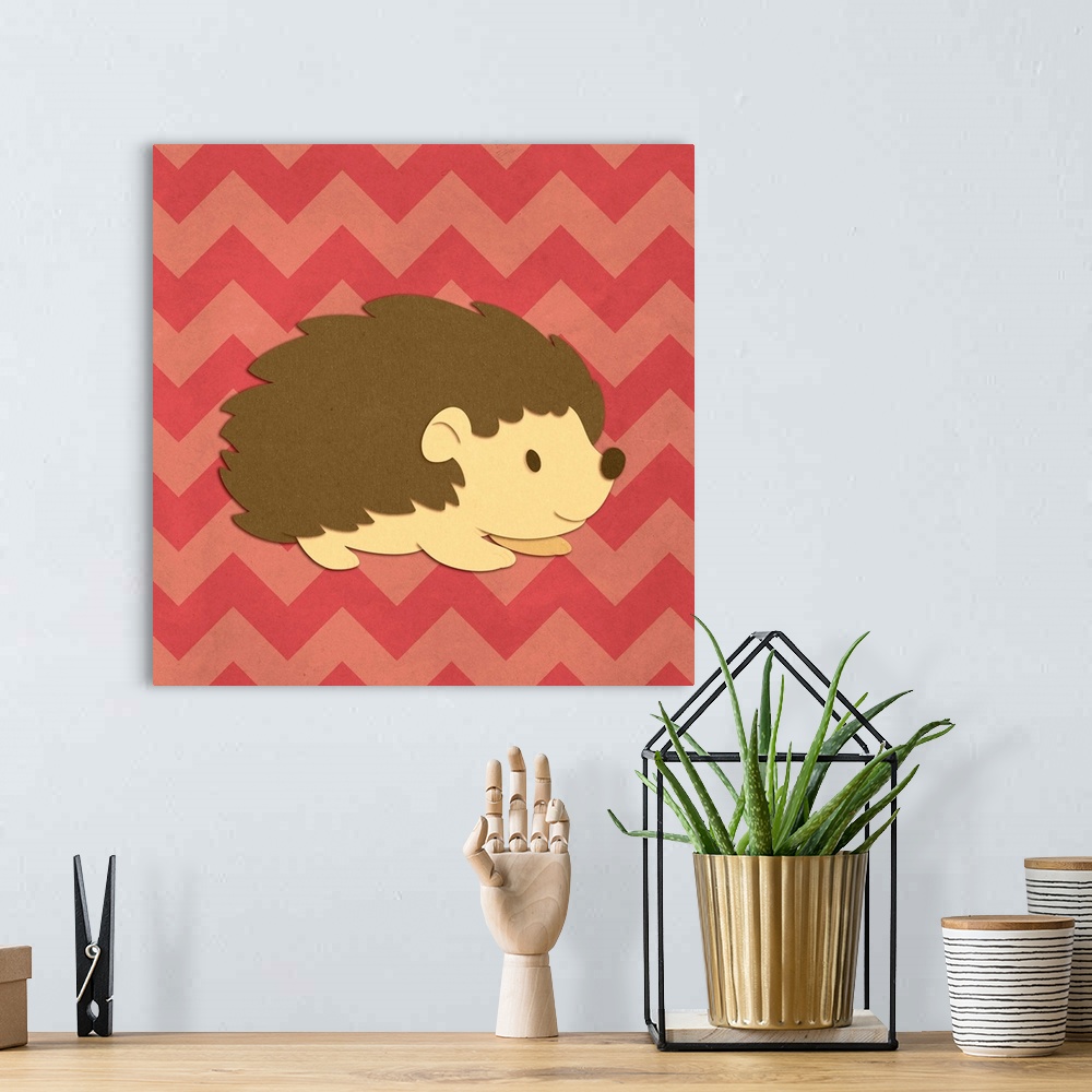 A bohemian room featuring A hedgehog with the appearance of cutout paper cutout on a red chevron-patterned background.