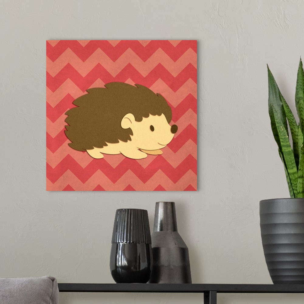 A modern room featuring A hedgehog with the appearance of cutout paper cutout on a red chevron-patterned background.