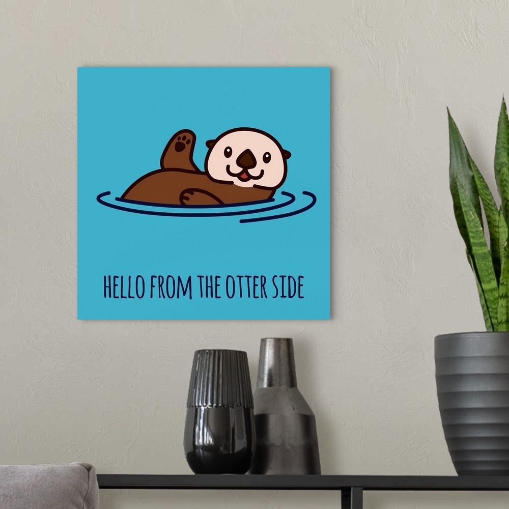 A modern room featuring A sea otter waving hello from the water.