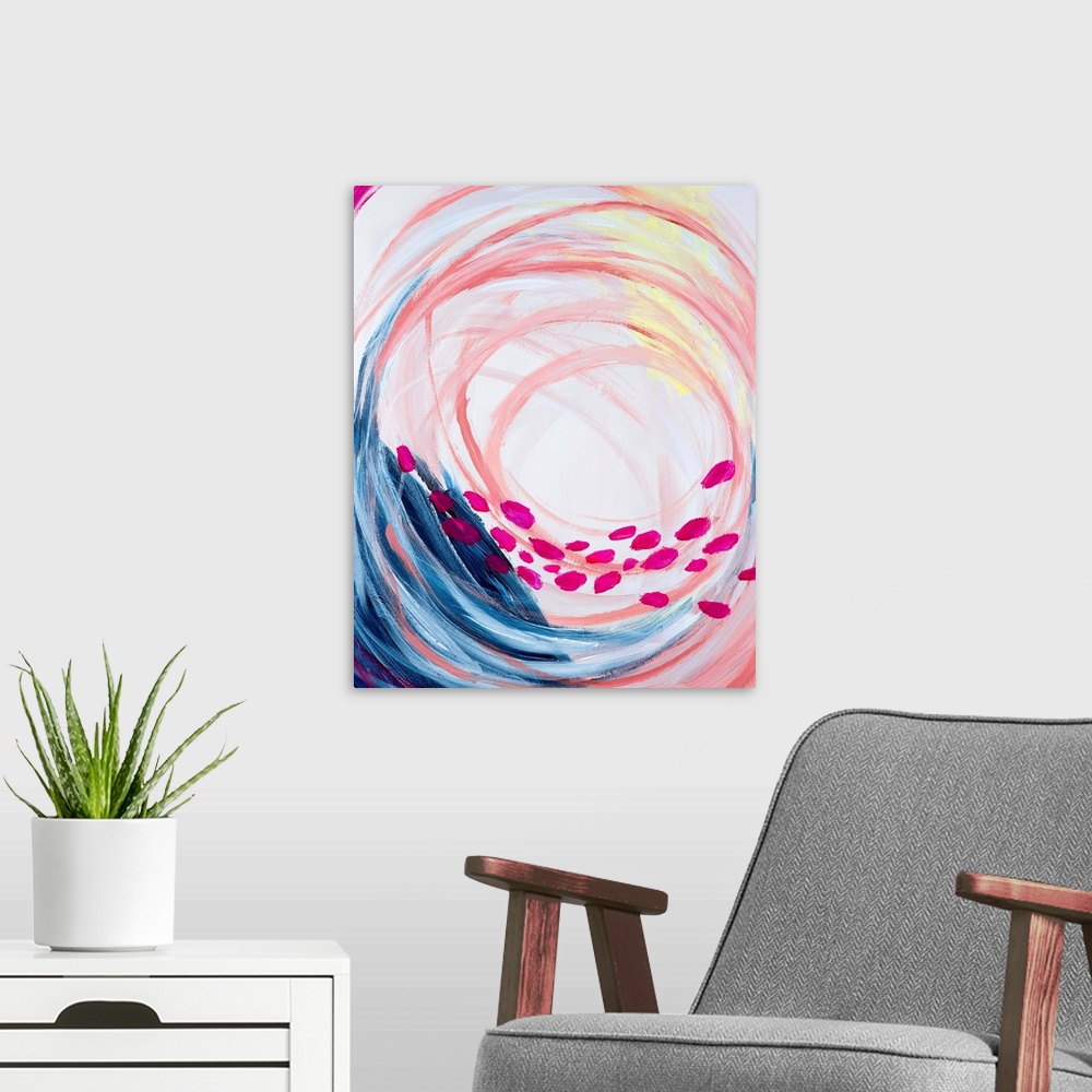 A modern room featuring Contemporary abstract painting in vivid rainbow colors, swirling in the center, with a row of pin...