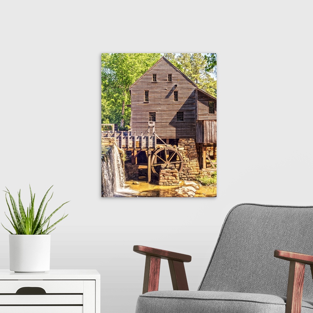 A modern room featuring Historic Yates Mill, a 200 year old grist mill on Yates Millpond, in Wake County, North Carolina.