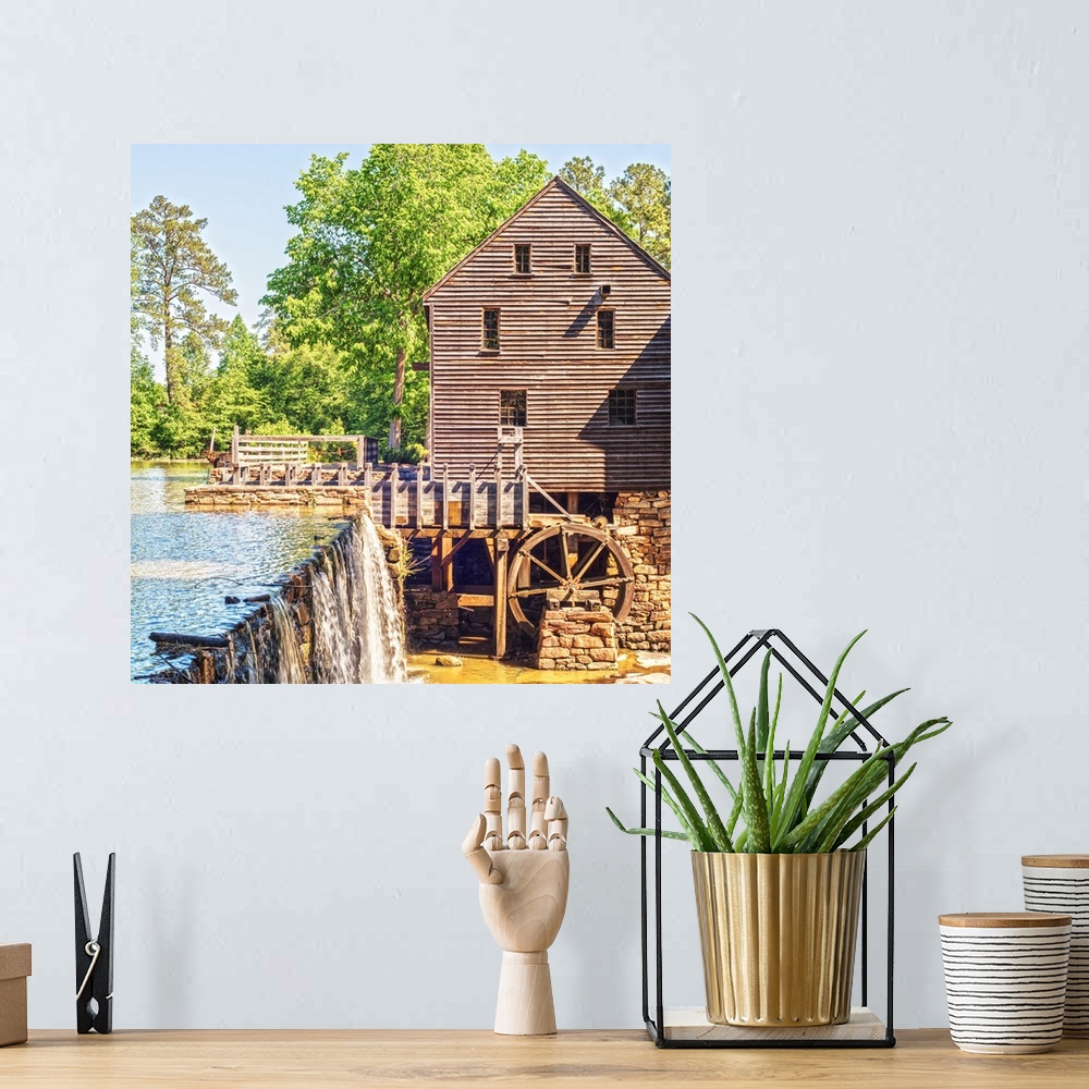 A bohemian room featuring Historic Yates Mill, a 200 year old grist mill on Yates Millpond, in Wake County, North Carolina.