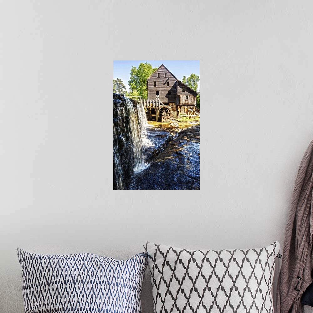 A bohemian room featuring Historic Yates Mill, a 200 year old grist mill on Yates Millpond, in Wake County, North Carolina.