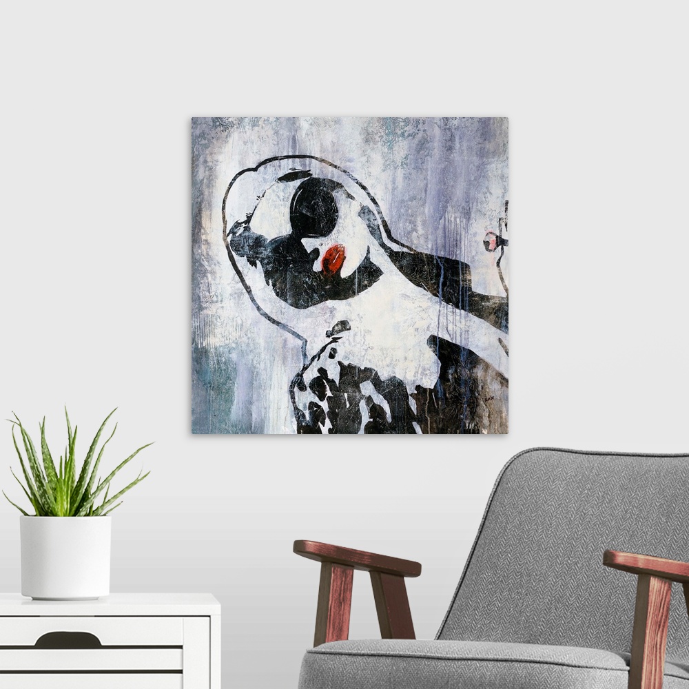 A modern room featuring Grunge-style painting of a woman with large sunglasses and bright red lips leaning over, done in ...