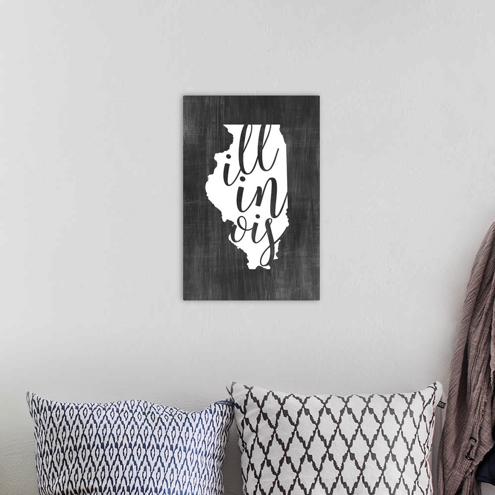 A bohemian room featuring Illinois state outline typography artwork.