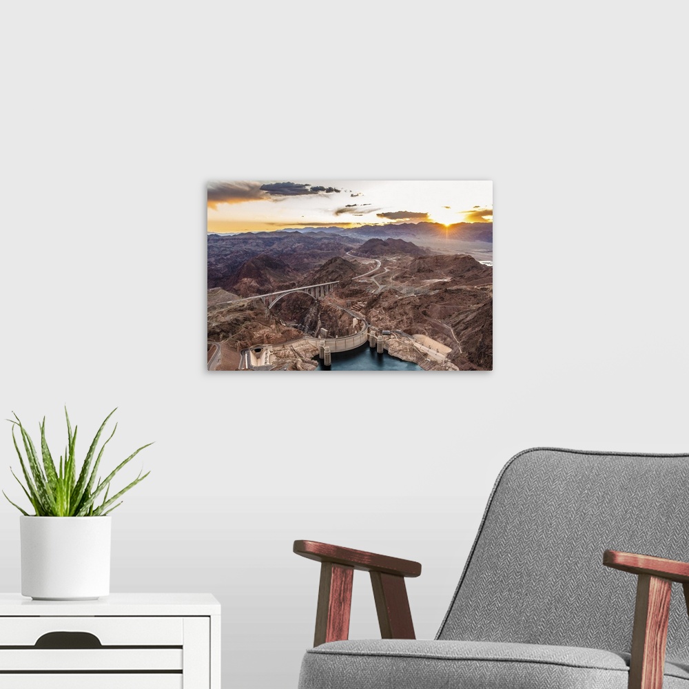 A modern room featuring View from above of the Hoover Dam and Lake Mead, with the Mike O'Callaghan-Pat Tillman Memorial B...