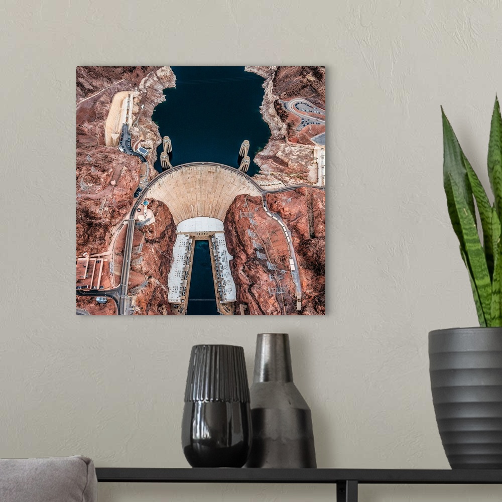 A modern room featuring Aerial view of the Hoover Dam holding back the waters of Lake Mead, Arizona.