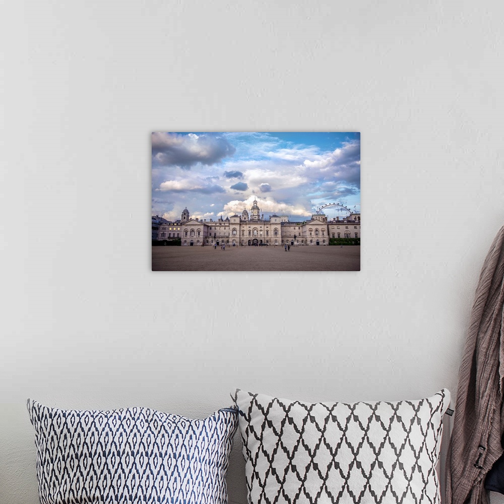 A bohemian room featuring View of Horse Guards building in London, England against a bright blue sky.
