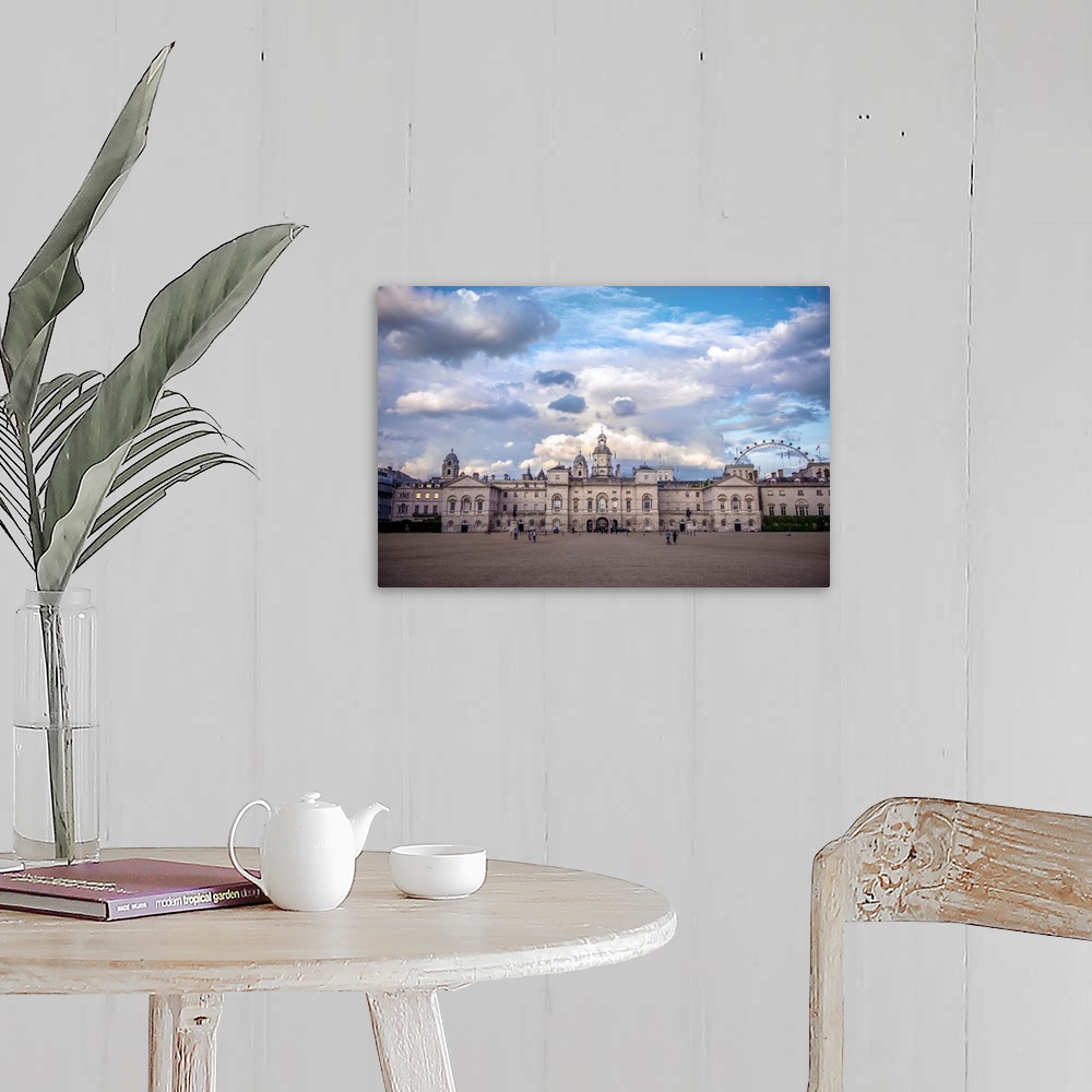 A farmhouse room featuring View of Horse Guards building in London, England against a bright blue sky.
