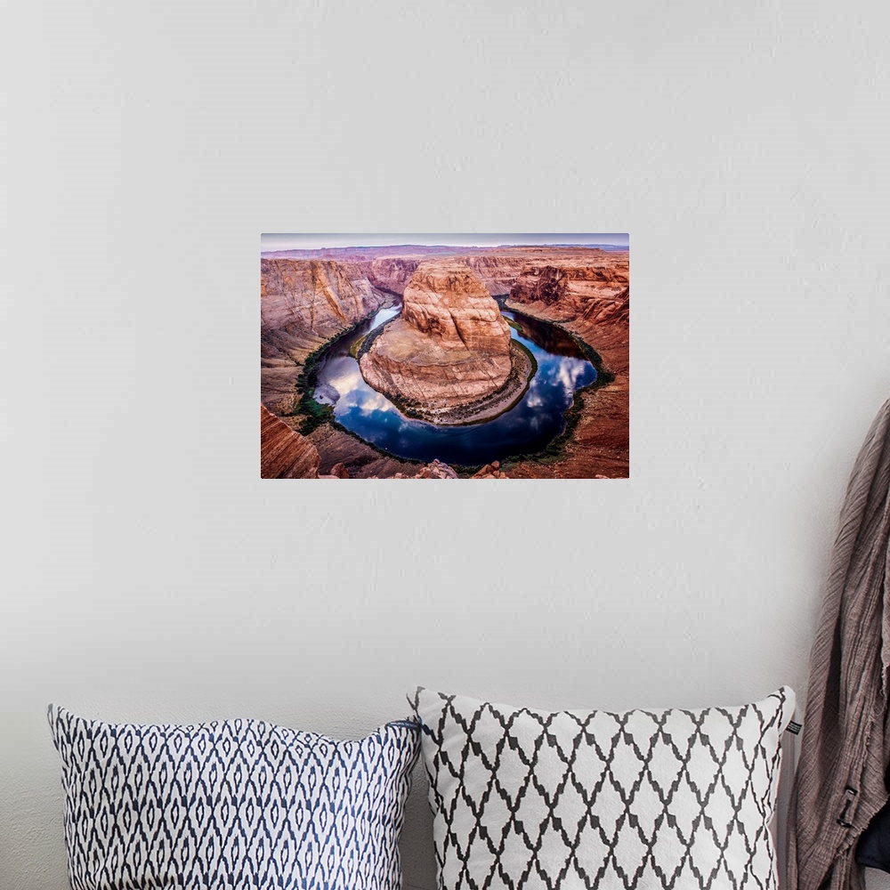 A bohemian room featuring Landscape photograph of Horseshoe Bend in Arizona with the blue and green Colorado River reflecti...