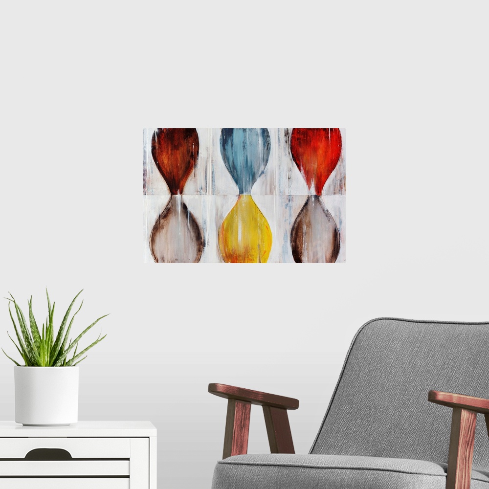 A modern room featuring Various hourglass shapes done in contrasting colors on top of a neutral background.